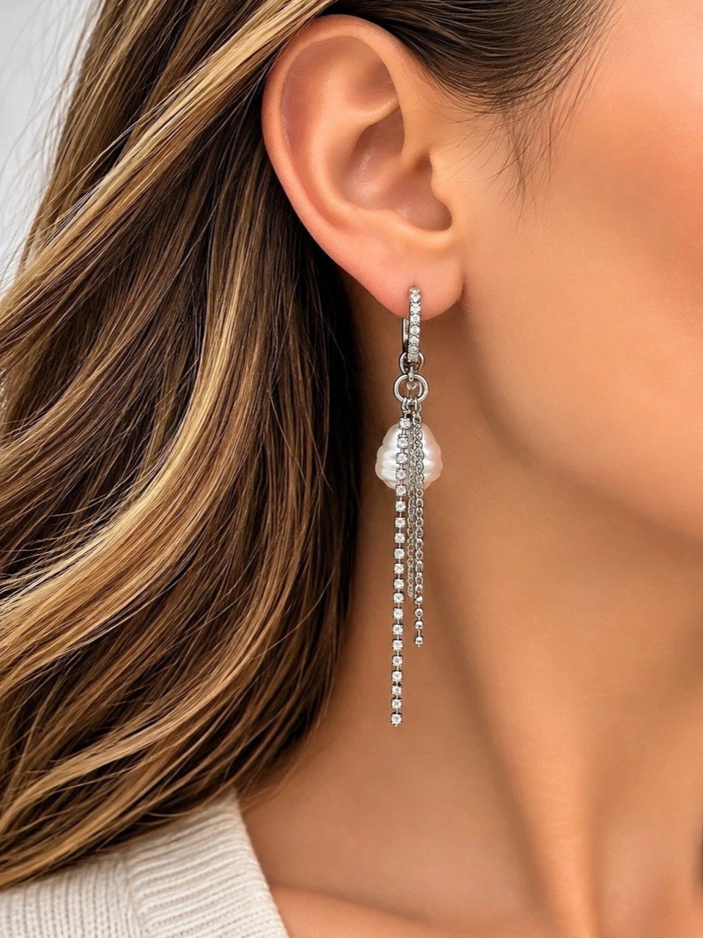 Pearl Drop Chain Earrings in Silver Like New